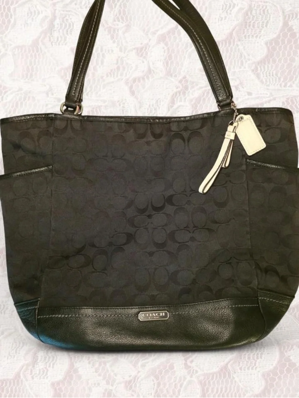 Coach Park Signature Carrie Jacquard Canvas Leather Tote Bag Black